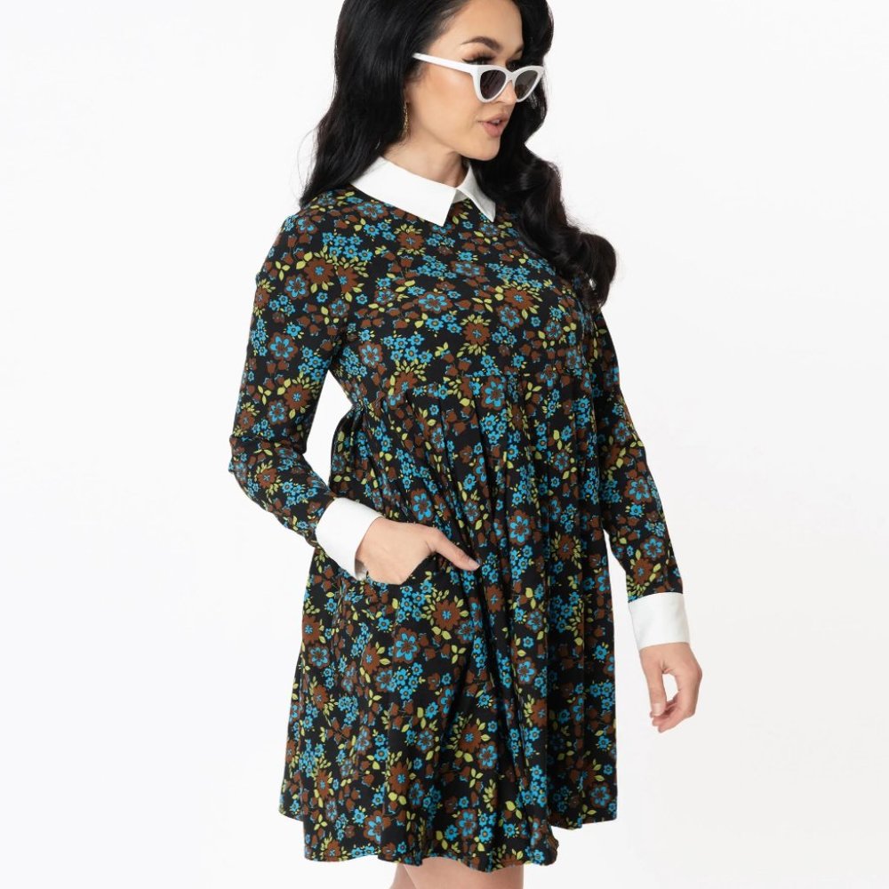 Unique Vintage Retro Brown Floral Collared Babydoll Dress NTW